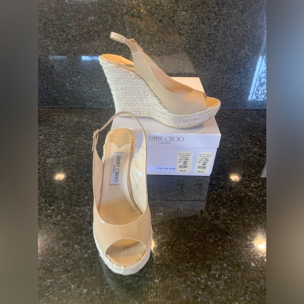 JIMMY CHOO Peep Toe Strappy Wedge Sandals ~ size 10 width B~ Color Nude/Beige